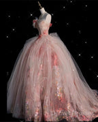 Classy Ball Gown Sweetheart Pink Floral Tulle Long Evening Dress Prom Dress