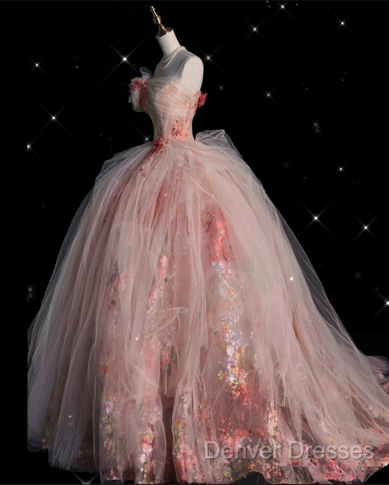 Classy Ball Gown Sweetheart Pink Floral Tulle Long Evening Dress Prom Dress