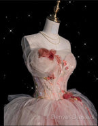 Classy Ball Gown Sweetheart Pink Floral Tulle Long Evening Dress Prom Dress