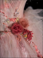 Classy Ball Gown Sweetheart Pink Floral Tulle Long Evening Dress Prom Dress