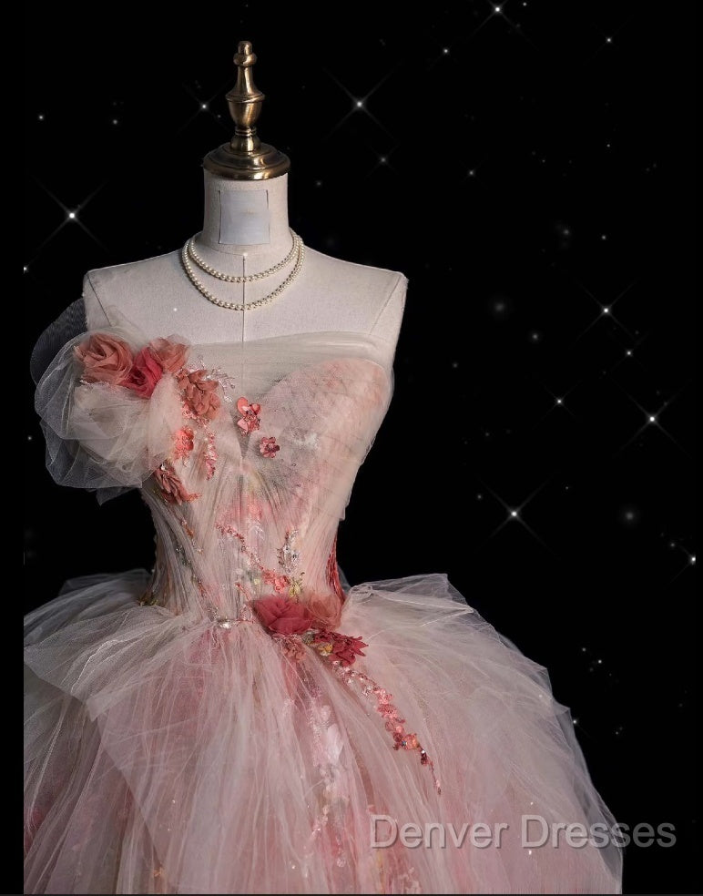 Classy Ball Gown Sweetheart Pink Floral Tulle Long Evening Dress Prom Dress