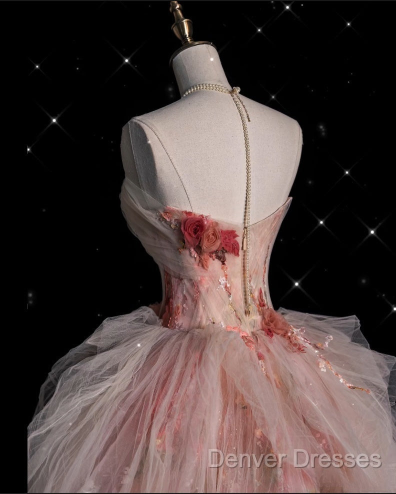 Classy Ball Gown Sweetheart Pink Floral Tulle Long Evening Dress Prom Dress