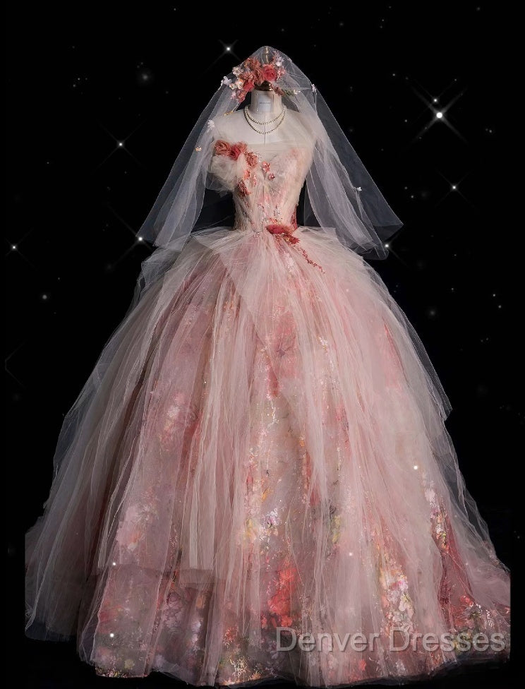 Classy Ball Gown Sweetheart Pink Floral Tulle Long Evening Dress Prom Dress