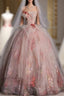 Classy Ball Gown Sweetheart Pink Floral Tulle Long Evening Dress Prom Dress