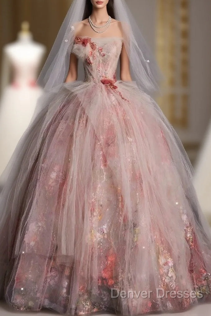 Classy Ball Gown Sweetheart Pink Floral Tulle Long Evening Dress Prom Dress Main image
