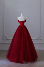 Classy Balll Gown Strapless Red Tulle Long Evening Dress Prom Dress