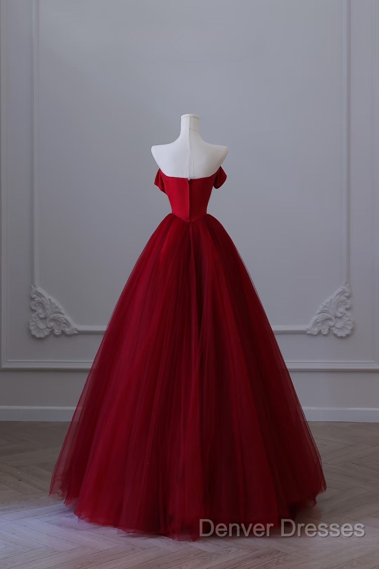 Classy Balll Gown Strapless Red Tulle Long Evening Dress Prom Dress