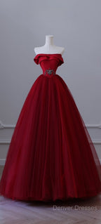 Classy Balll Gown Strapless Red Tulle Long Evening Dress Prom Dress