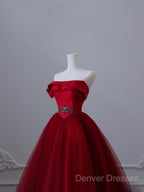 Classy Balll Gown Strapless Red Tulle Long Evening Dress Prom Dress