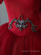 Classy Balll Gown Strapless Red Tulle Long Evening Dress Prom Dress