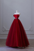 Classy Balll Gown Strapless Red Tulle Long Evening Dress Prom Dress