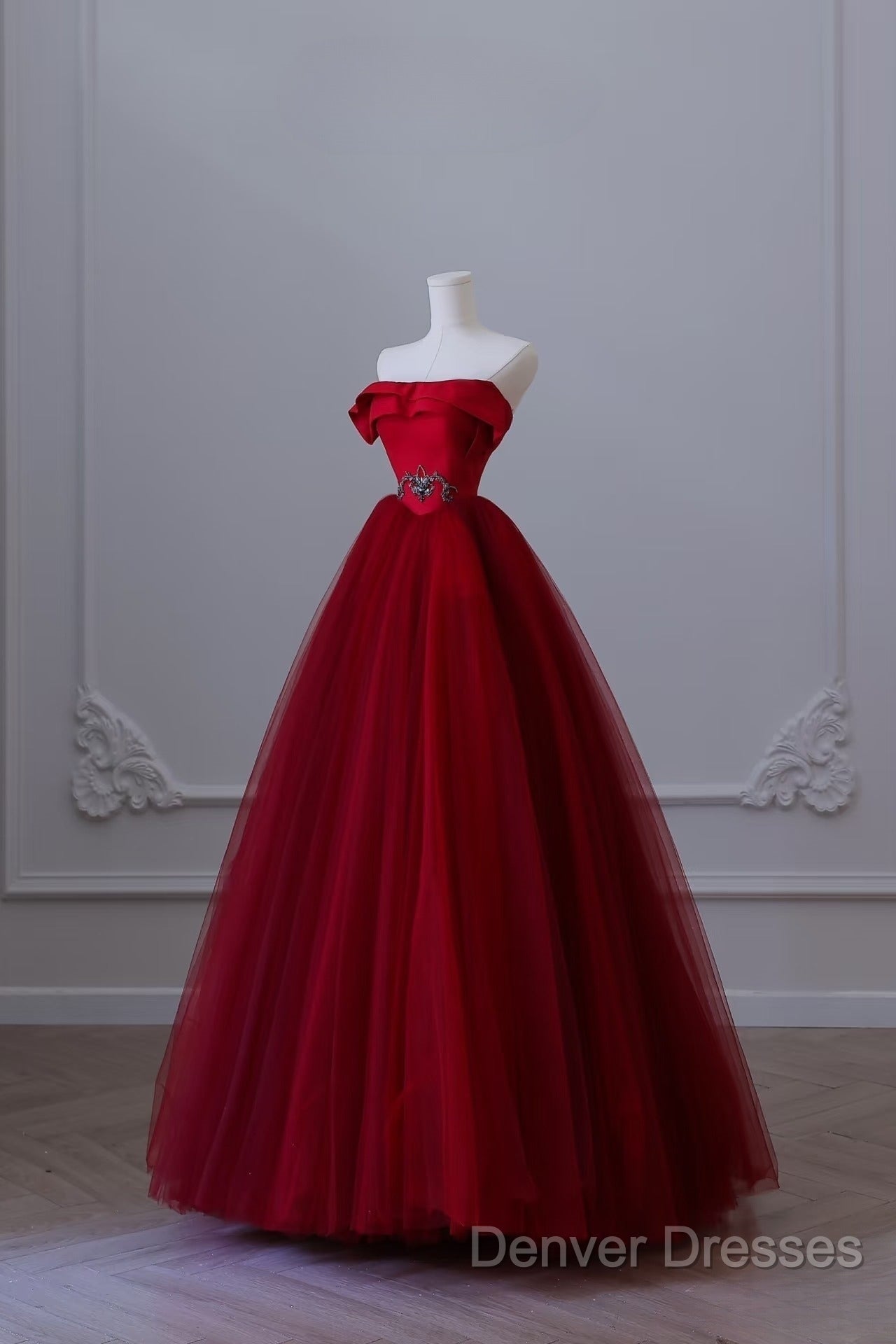 Classy Balll Gown Strapless Red Tulle Long Evening Dress Prom Dress