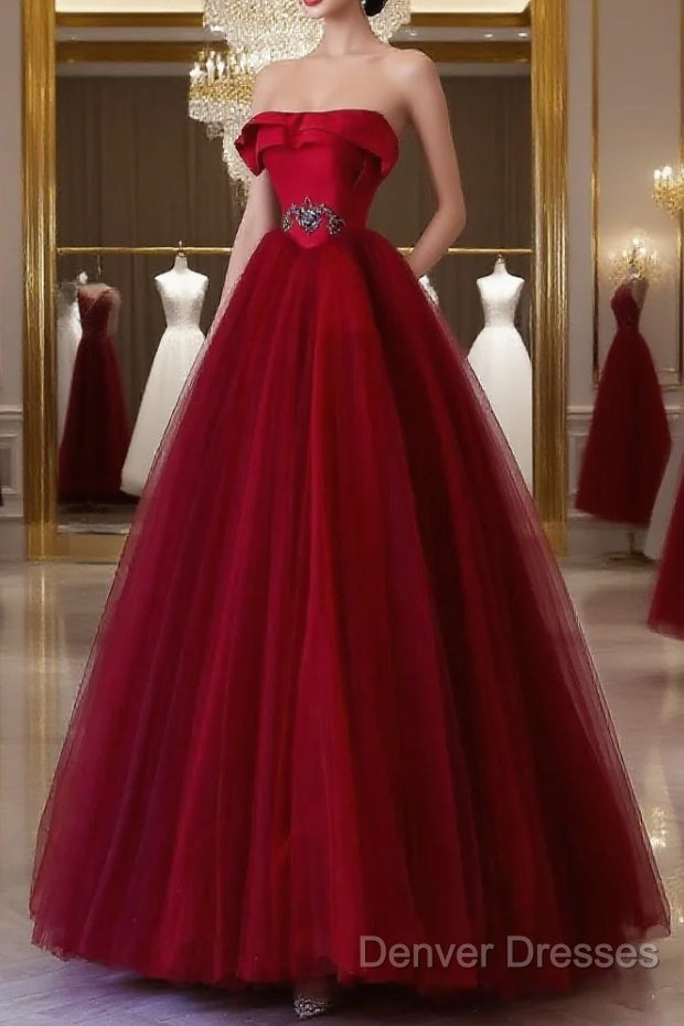 Classy Balll Gown Strapless Red Tulle Long Evening Dress Prom Dress