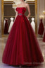 Classy Balll Gown Strapless Red Tulle Long Evening Dress Prom Dress