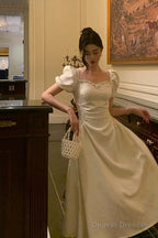 Classy French A Line Short Sleeves Ivory Satin Prom Dresses Birthday Outfits Evening Gown