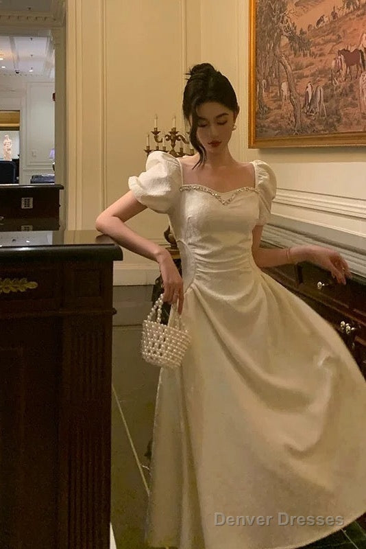 Classy French A Line Short Sleeves Ivory Satin Prom Dresses Birthday Outfits Evening Gown