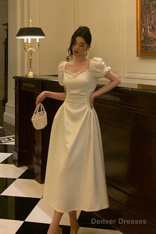 Classy French A Line Short Sleeves Ivory Satin Prom Dresses Birthday Outfits Evening Gown Main image