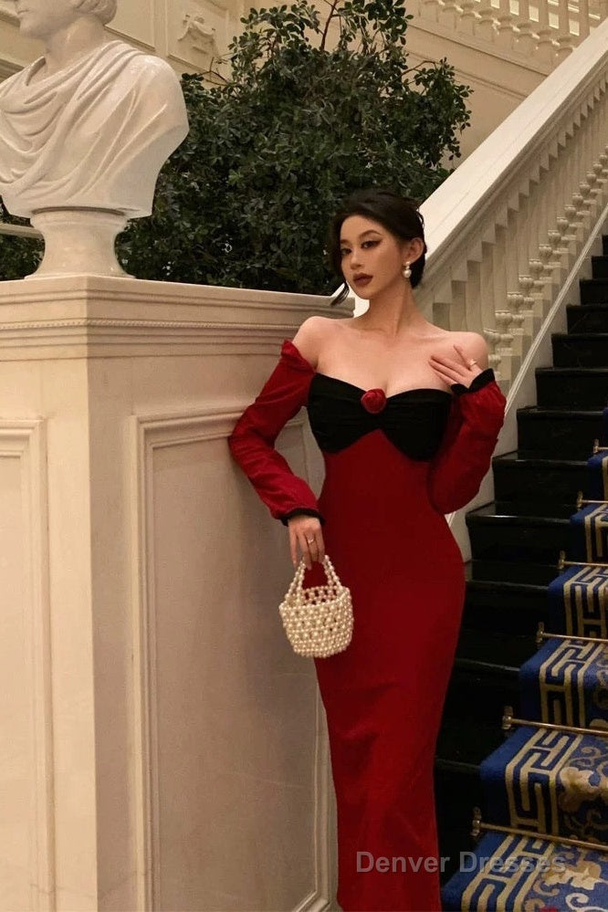 Classy French Sheath Long Sleeves Red Prom Dresses Birthday Outfits Evening Gown