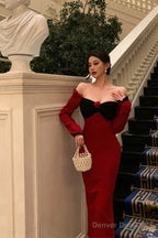 Classy French Sheath Long Sleeves Red Prom Dresses Birthday Outfits Evening Gown