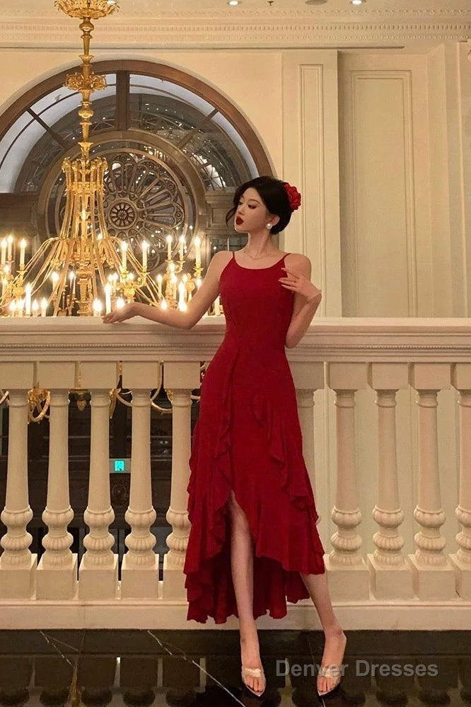 Classy High Low Spaghetti Straps Red Long Prom Dresses Birthday Outfits Evening Gown