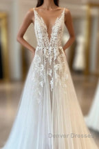 Classy Long A-line Tulle Appliques Lace Wedding Dress