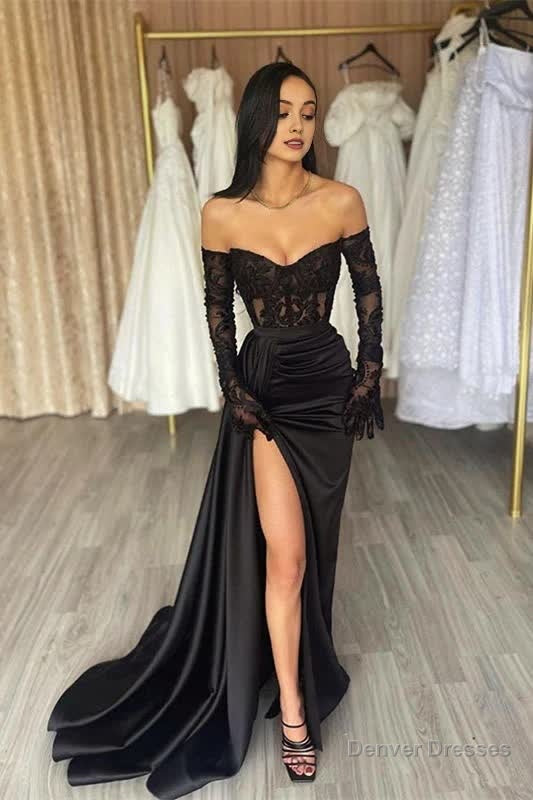 Classy Long Black Off-the-Shoulder Lace Mermaid Long Sleeves Evening Party Gowns Long Slit Online Main image