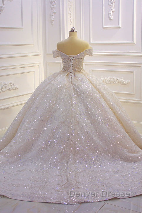 Classy Long Off the Shoulder Sequin Beading Satin Ball Gown Wedding Dress
