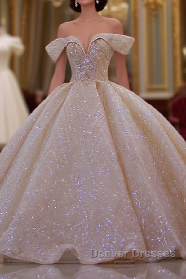 Classy Long Off the Shoulder Sequin Beading Satin Ball Gown Wedding Dress Main image
