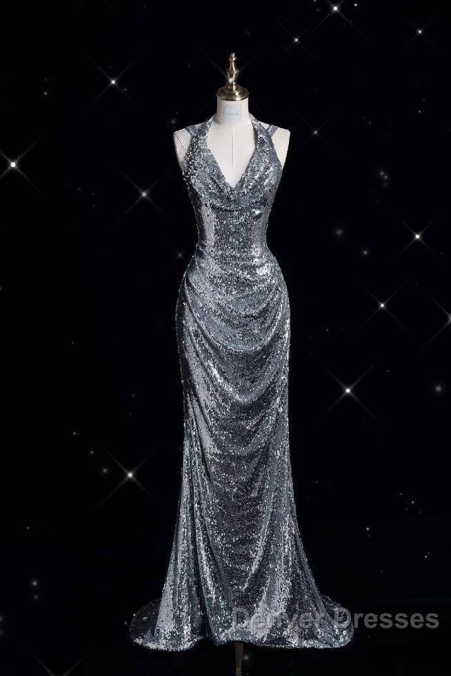 Classy Mermaid Halter Silver Sequin Long Evening Dress Sexy Prom Dress Secondary image