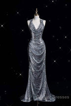 Classy Mermaid Halter Silver Sequin Long Evening Dress Sexy Prom Dress