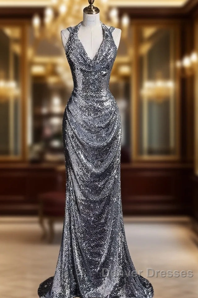 Classy Mermaid Halter Silver Sequin Long Evening Dress Sexy Prom Dress
