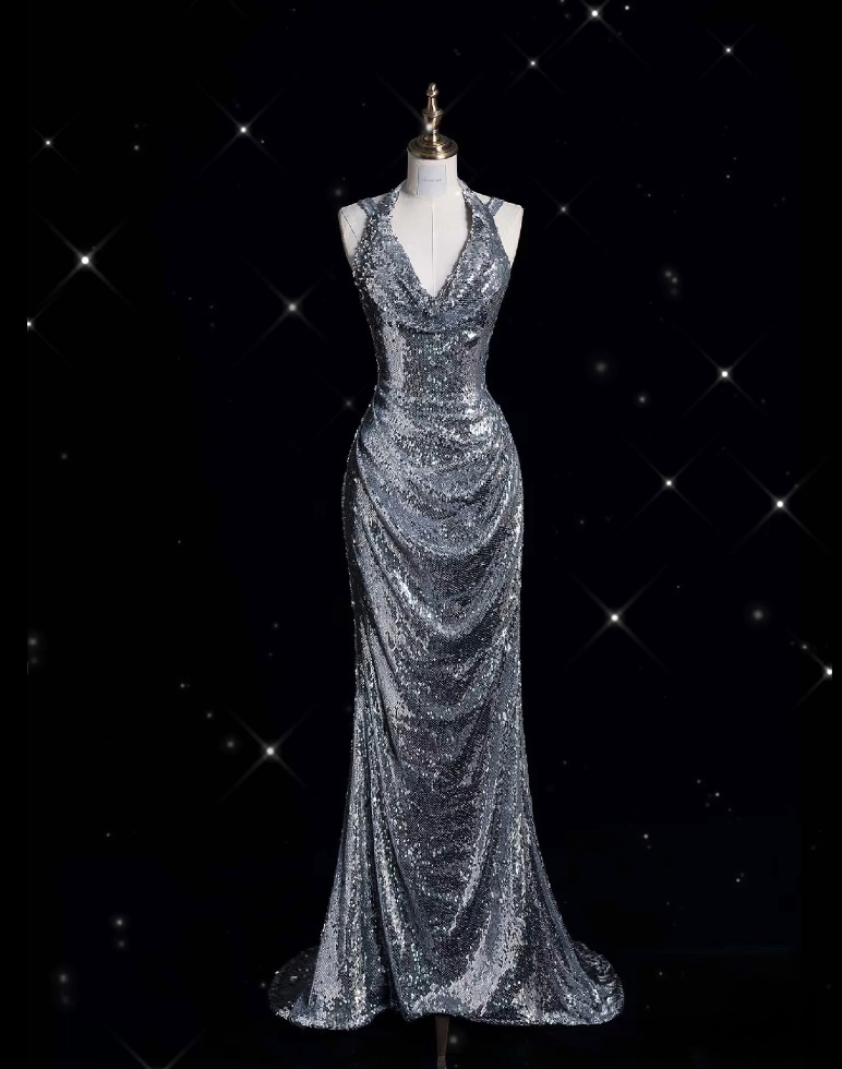 Classy Mermaid Halter Silver Sequin Long Evening Dress Sexy Prom Dress Main image
