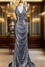 Classy Mermaid Halter Silver Sequin Long Evening Dress Sexy Prom Dress