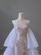 Classy Mermaid High Neckline Sequin Ruffles Long Evening Dress Prom Dress