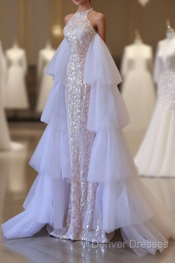 Classy Mermaid High Neckline Sequin Ruffles Long Evening Dress Prom Dress Main image