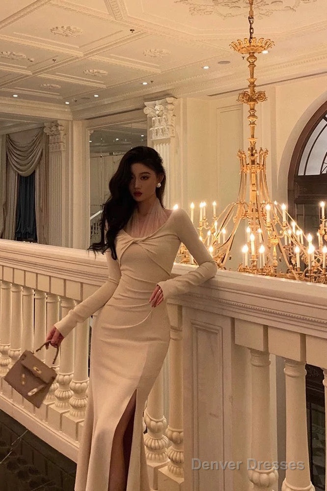 Classy Mermaid Long Sleeves Ivory Slit Prom Dresses Birthday Outfits Evening Gown Secondary image