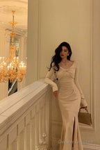 Classy Mermaid Long Sleeves Ivory Slit Prom Dresses Birthday Outfits Evening Gown