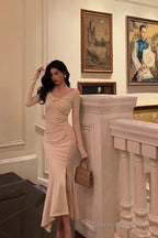 Classy Mermaid Long Sleeves Ivory Slit Prom Dresses Birthday Outfits Evening Gown