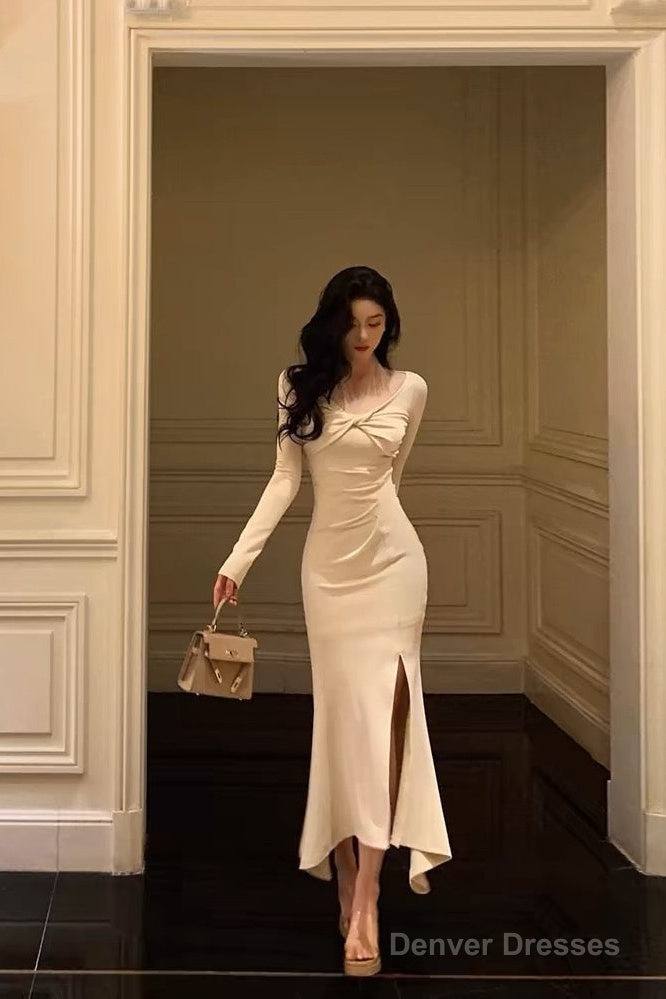 Classy Mermaid Long Sleeves Ivory Slit Prom Dresses Birthday Outfits Evening Gown Main image