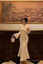 Classy Mermaid Mandarin Collar Long Sleeves White Lace Prom Dresses Birthday Outfits