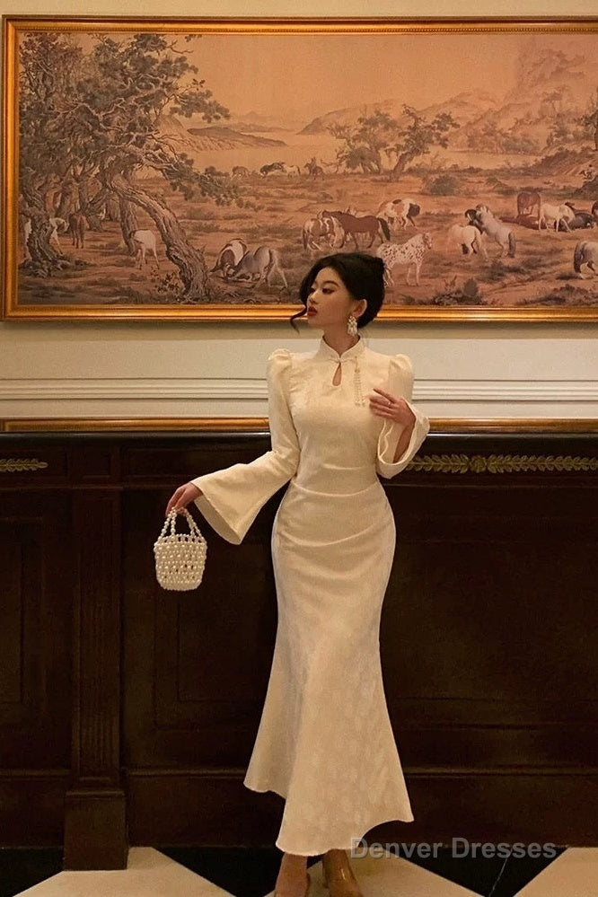 Classy Mermaid Mandarin Collar Long Sleeves White Lace Prom Dresses Birthday Outfits