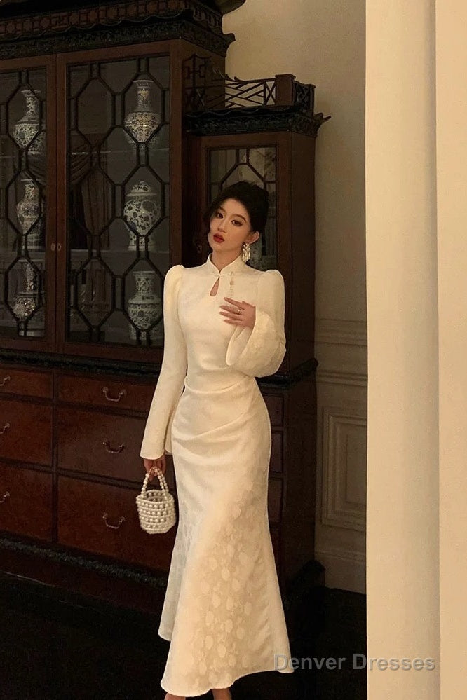 Classy Mermaid Mandarin Collar Long Sleeves White Lace Prom Dresses Birthday Outfits