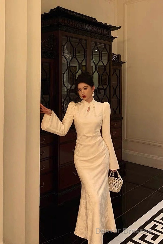 Classy Mermaid Mandarin Collar Long Sleeves White Lace Prom Dresses Birthday Outfits Main image