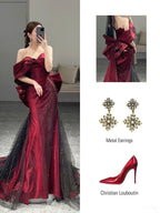 Classy Mermaid Off The Shoulder Burgundy Long Party Dress Sequin Prom Dress