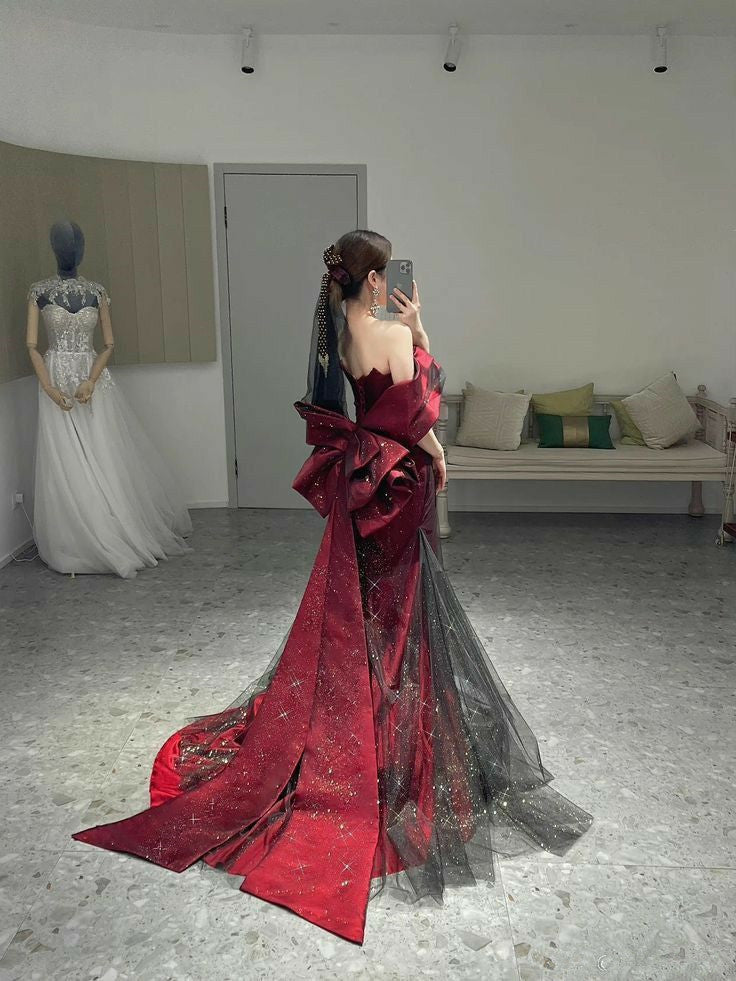 Classy Mermaid Off The Shoulder Burgundy Long Party Dress Sequin Prom Dress