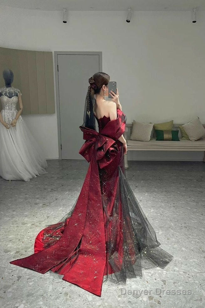 Classy Mermaid Off The Shoulder Burgundy Long Party Dress Sequin Prom Dresses Main image