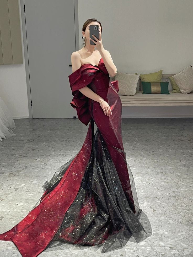 Classy Mermaid Off The Shoulder Burgundy Long Party Dress Sequin Prom Dress Main image