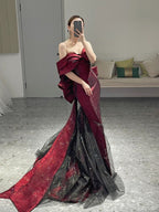 Classy Mermaid Off The Shoulder Burgundy Long Party Dress Sequin Prom Dress
