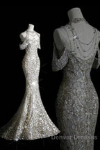 Classy Mermaid Off The Shoulder Silver Sequin Long Party Dress Prom Dress