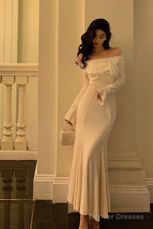 Classy Mermaid Off The Shoulder White Ruffles Long Sleeves Prom Dresses Birthday Outfits Evening Gown Main image